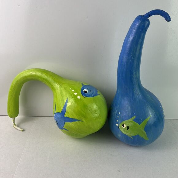 Vintage Pair of 2 Handpainted Gourds Fish Design - Picture 1 of 3